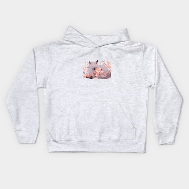 Cute Wolf Animal Loving Cuddle Embrace Children Kid Tenderness Kids Hoodie by Cubebox